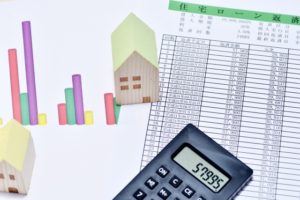 家のモデルと返済計画のグラフと電卓の画像